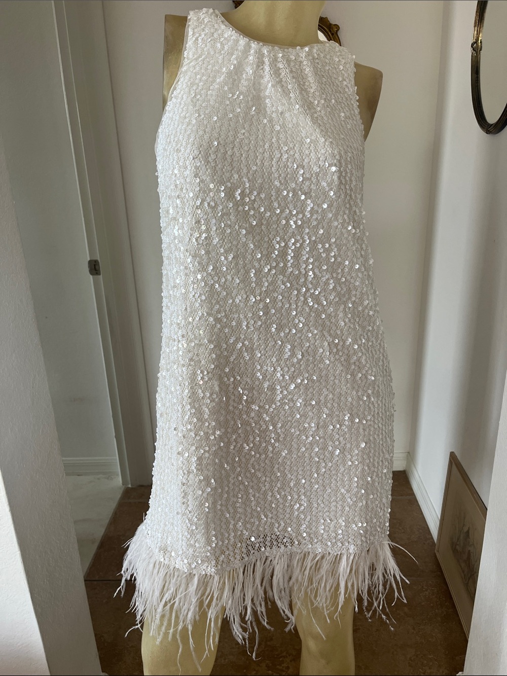 Aidan Aidan Mattox Sequin Feather Hem White Shift Dress